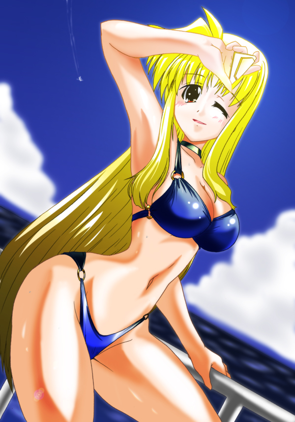 45acp, erio mondial, fate testarossa, lyrical nanoha, mahou shoujo lyrical nanoha, mahou shoujo lyrical nanoha strikers, 00s, 1girl, bikini, blonde hair, blush, breasts, hug, large breasts, long hair, one eye closed, red eyes, swimsuit, very long hair, wink