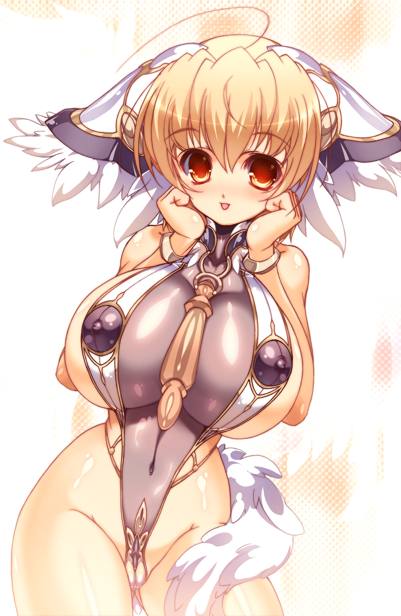 ishida hiroyuki, highres, 1girl, :p, bare shoulders, between breasts, blonde hair, blush, bracelet, breasts, cameltoe, clitoris, covered erect nipples, curvy, female focus, hands on own cheeks, hands on own face, highleg, highleg leotard, huge breasts, jewelry, leotard, nipples, puffy nipples, pussy, red eyes, shiny skin, short hair, smile, solo, tongue, tongue out, wide hips