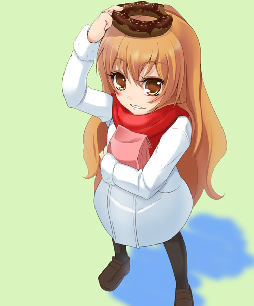 wapokichi, aisaka taiga, toradora!, 00s, 1girl, bag, brown eyes, brown hair, coat, donut, female focus, food, food on head, green background, long hair, object on head, pantyhose, paper bag, scarf, smile, solo