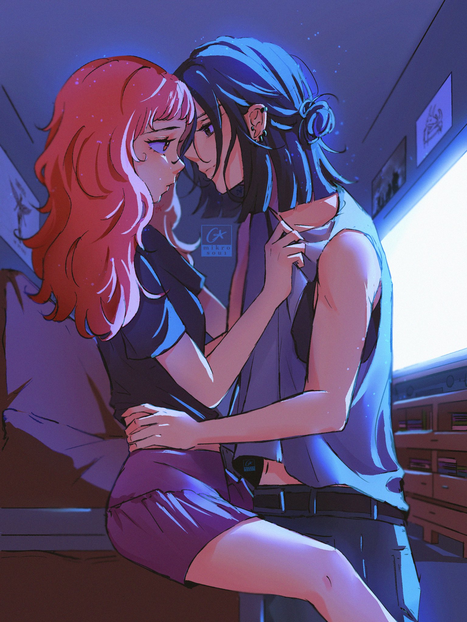 mikrosou1, koga mitsuki, oosawa aya, kininatteru hito ga otoko ja nakatta, commentary, english commentary, highres, 2girls, bare arms, between legs, black hair, black shirt, blunt ends, closed mouth, ear piercing, earclip, eye contact, face-to-face, grey tank top, hair bun, hand on another's shoulder, hand on another's waist, indoors, light particles, long hair, looking at another, medium hair, midriff peek, multiple girls, piercing, pink eyes, pink hair, purple shorts, shirt, shorts, single side bun, smile, tank top, television, yuri