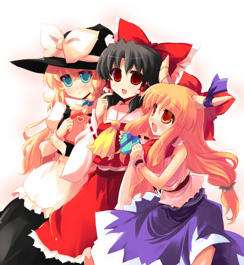 shin (new), hakurei reimu, ibuki suika, kirisame marisa, touhou, 3girls, female focus, gradient background, hat, japanese clothes, long hair, low-tied long hair, miko, multiple girls, skirt, valentine, white background