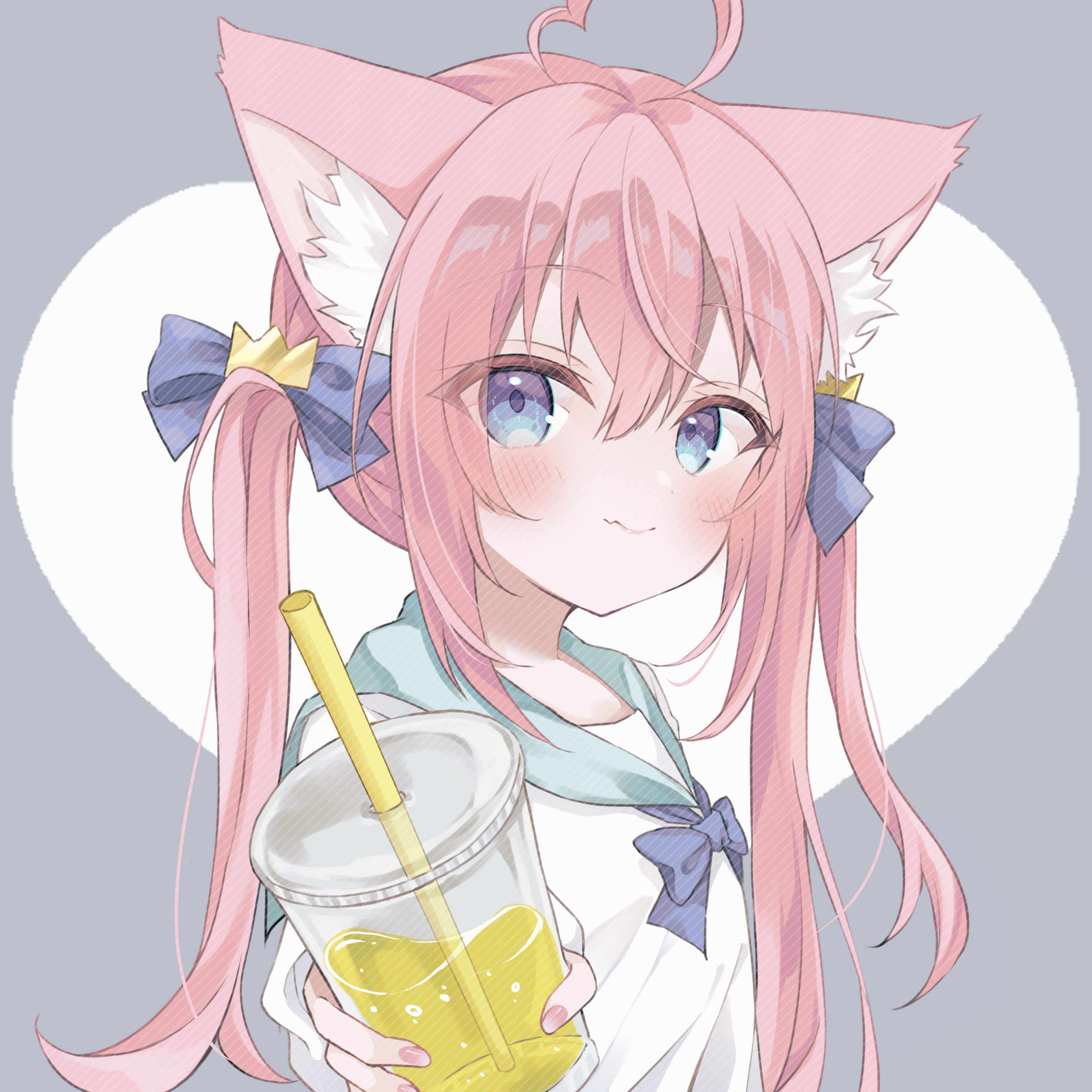 nanakusa miya, original, absurdres, commentary request, highres, 1girl, ahoge, animal ear fluff, animal ears, blue bow, blue bowtie, blue eyes, blush, bow, bowtie, cat ears, cat girl, closed mouth, cup, disposable cup, drink, drinking straw, fang, fang out, green sailor collar, hair bow, holding, holding cup, holding drink, long hair, long sleeves, looking at viewer, pink hair, pink nails, sailor collar, shirt, skin fang, solo, twintails, white shirt