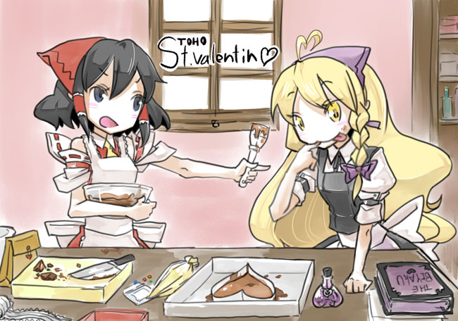 bakayanagi, hakurei reimu, kirisame marisa, touhou, 2girls, :q, apron, blonde hair, braid, chocolate, chocolate making, cooking, english text, engrish text, female focus, licking, multiple girls, ranguage, tongue, tongue out, valentine
