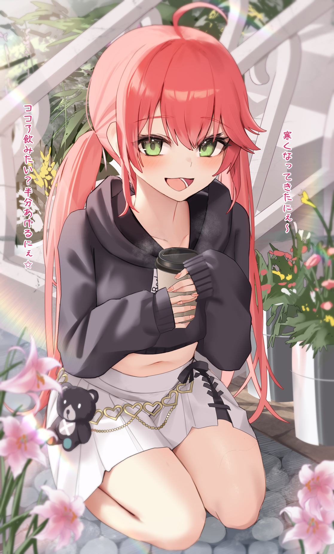 thomas 8000, sakura miko, sakura miko (micomet), hololive, highres, translation request, 1girl, ahoge, black hoodie, blurry, blurry foreground, cup, day, fingernails, flower, green eyes, holding, holding cup, hood, hoodie, long hair, long sleeves, looking at viewer, midriff, open mouth, outdoors, pink hair, pink nails, seiza, sitting, skirt, smile, solo, twintails, virtual youtuber, white skirt