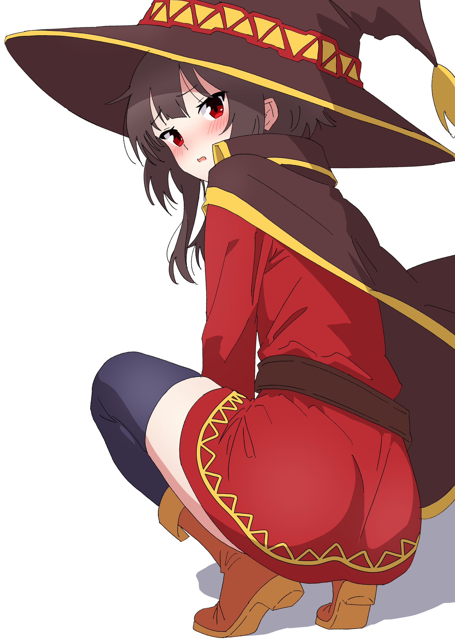 takabayashi4129, megumin, kono subarashii sekai ni shukufuku wo!, commentary request, highres, 1girl, anime coloring, ass, belt, black cape, black hair, black thighhighs, blush, boots, brown boots, cape, dress, from behind, full body, hat, long sleeves, looking at viewer, looking back, open mouth, red dress, red eyes, short dress, short hair with long locks, simple background, solo, squatting, thighhighs, white background, witch hat, zettai ryouiki
