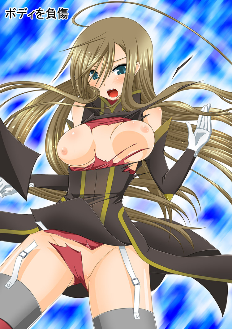 charu (valssu), tear grants, tales of (series), tales of the abyss, 00s, 1girl, ahoge, aqua eyes, blush, breasts, brown hair, d:, embarrassed, female focus, garter belt, gloves, huge ahoge, large breasts, long hair, nipples, open mouth, panties, solo, thighhighs, torn clothes, unaligned breasts, underwear, very long hair, wardrobe malfunction