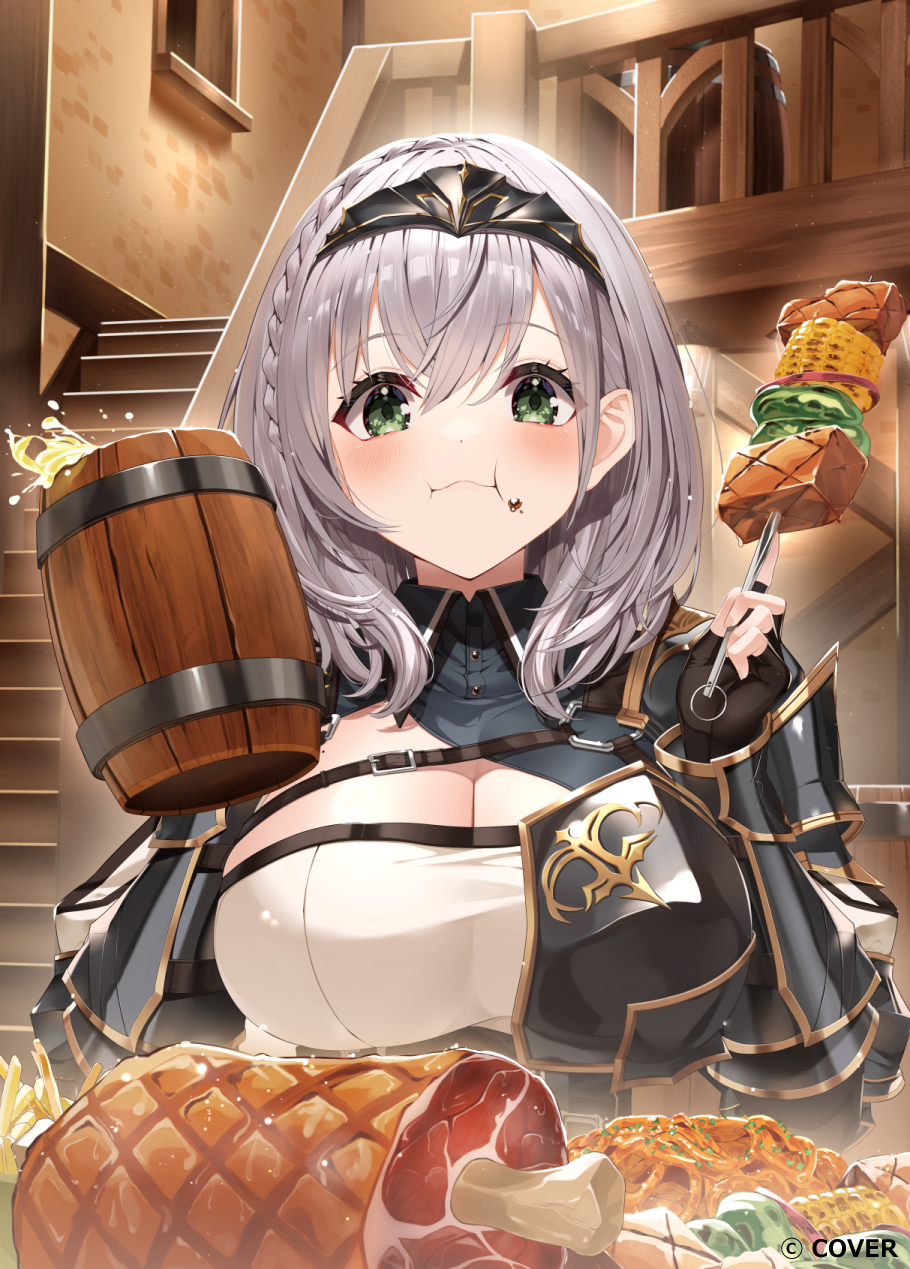 borumete, shirogane noel, shirogane noel (1st costume), hololive, commentary request, highres, official art, 1girl, armor, beer mug, black gloves, braid, breasts, chest guard, chest harness, chest strap, cleavage, cleavage cutout, closed mouth, clothing cutout, collared shirt, copyright name, crossed bangs, cup, double-parted bangs, eating, fingerless gloves, food, food in mouth, food on face, gloves, green eyes, grey hair, hair between eyes, hands up, harness, holding, holding cup, holding skewer, indoors, large breasts, looking at viewer, medium hair, mole, mole on breast, mug, pauldrons, shirt, shoulder armor, side braid, single pauldron, skewer, solo, tabard, upper body, vambraces, virtual youtuber, wavy hair, white shirt