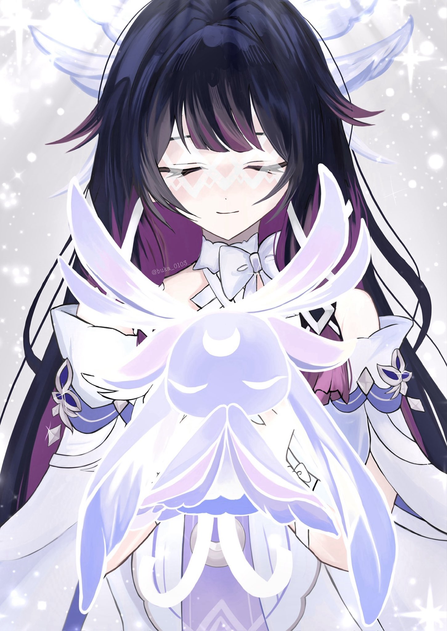columbina (genshin impact), genshin impact, commentary, highres, 1girl, black hair, bow, buka 0103, closed eyes, closed mouth, colored inner hair, dot nose, dress, eye mask, head wings, light smile, long hair, luonnotar (genshin impact), mask, multicolored hair, pink hair, twitter username, two-tone hair, upper body, white bow, white dress, wings