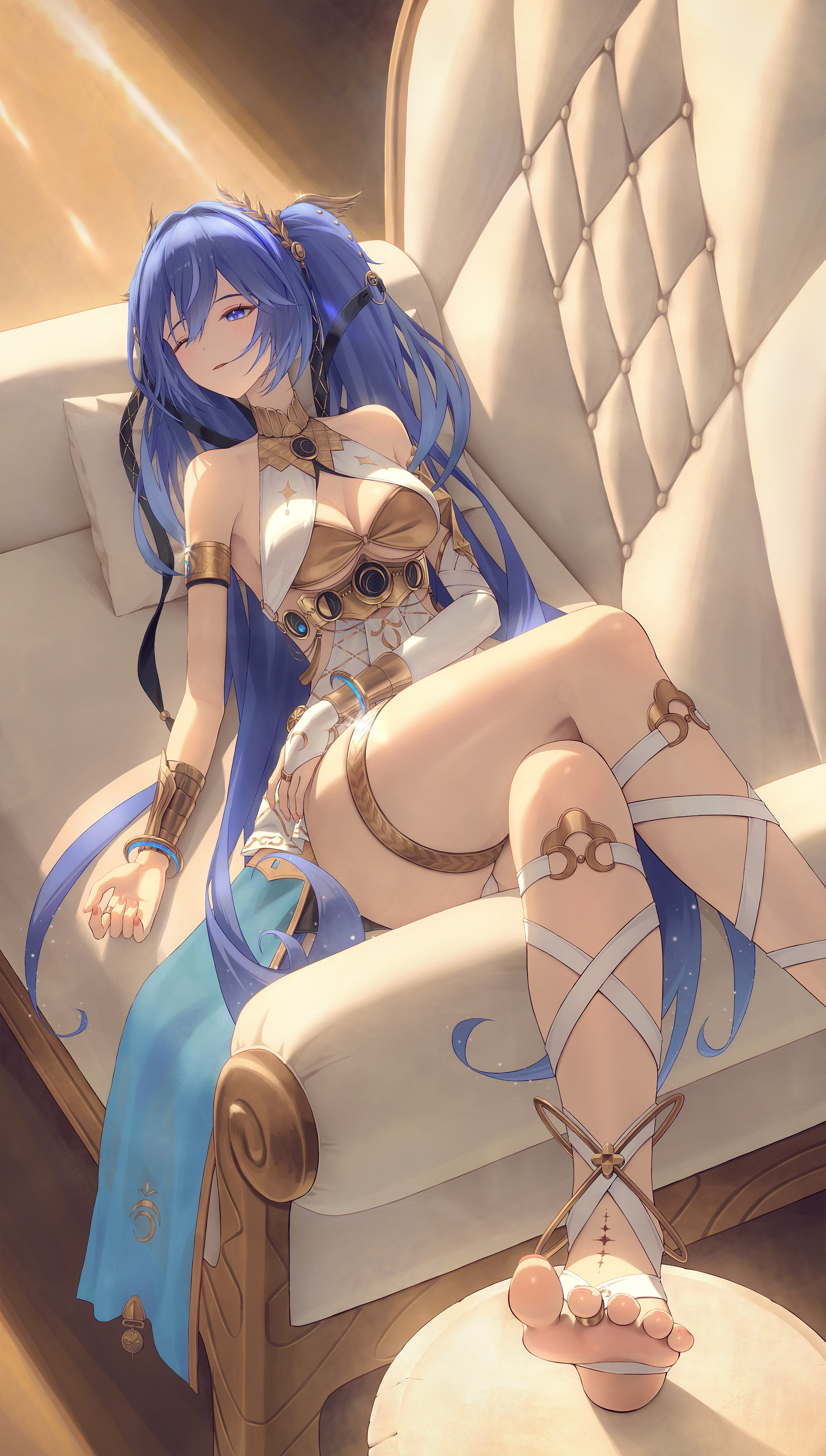 toroe02, iuno (wuthering waves), wuthering waves, absurdres, commentary, highres, 1girl, armlet, bare shoulders, barefoot, blue eyes, blue hair, breasts, bridal gauntlets, cleavage, couch, crossed legs, feet, fingernails, gold bra, hair belt, indoors, jewelry, laurel crown, leg wrap, long hair, looking to the side, lying, medium breasts, on back, on couch, one eye closed, parted lips, single bridal gauntlet, soles, solo, tacet mark (wuthering waves), thighlet, thighs, toenails, toes, twintails, vambraces, very long hair, white bridal gauntlets
