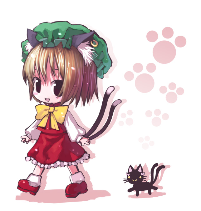kiira, chen, kaenbyou rin, kaenbyou rin (cat), touhou, bad id, bad pixiv id, 1girl, animal ears, brown hair, cat, cat ears, cat tail, chibi, earrings, fang, female focus, hat, jewelry, multiple tails, short hair, skirt, solo, tail, white background