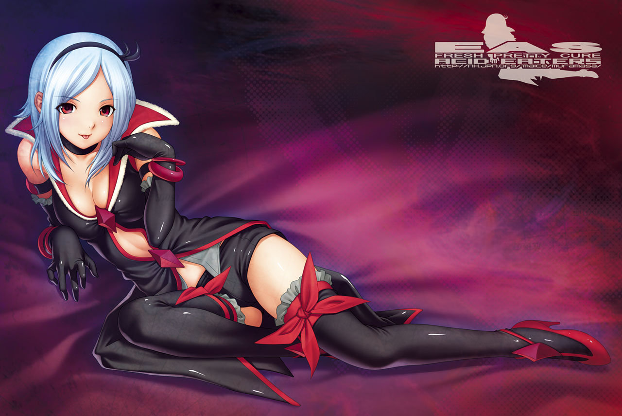 kazuma muramasa, eas (fresh precure!), higashi setsuna, fresh precure!, precure, black neckwear, silver hair, 00s, 1girl, :p, black shorts, black thighhighs, bracelet, breasts, choker, cleavage, dress, elbow gloves, female focus, gloves, hairband, high heels, jewelry, latex, latex dress, latex gloves, legs, lying, medium breasts, on side, red eyes, shiny clothes, shoes, short shorts, shorts, solo, thighhighs, tongue, tongue out, watermark, web address, zettai ryouiki