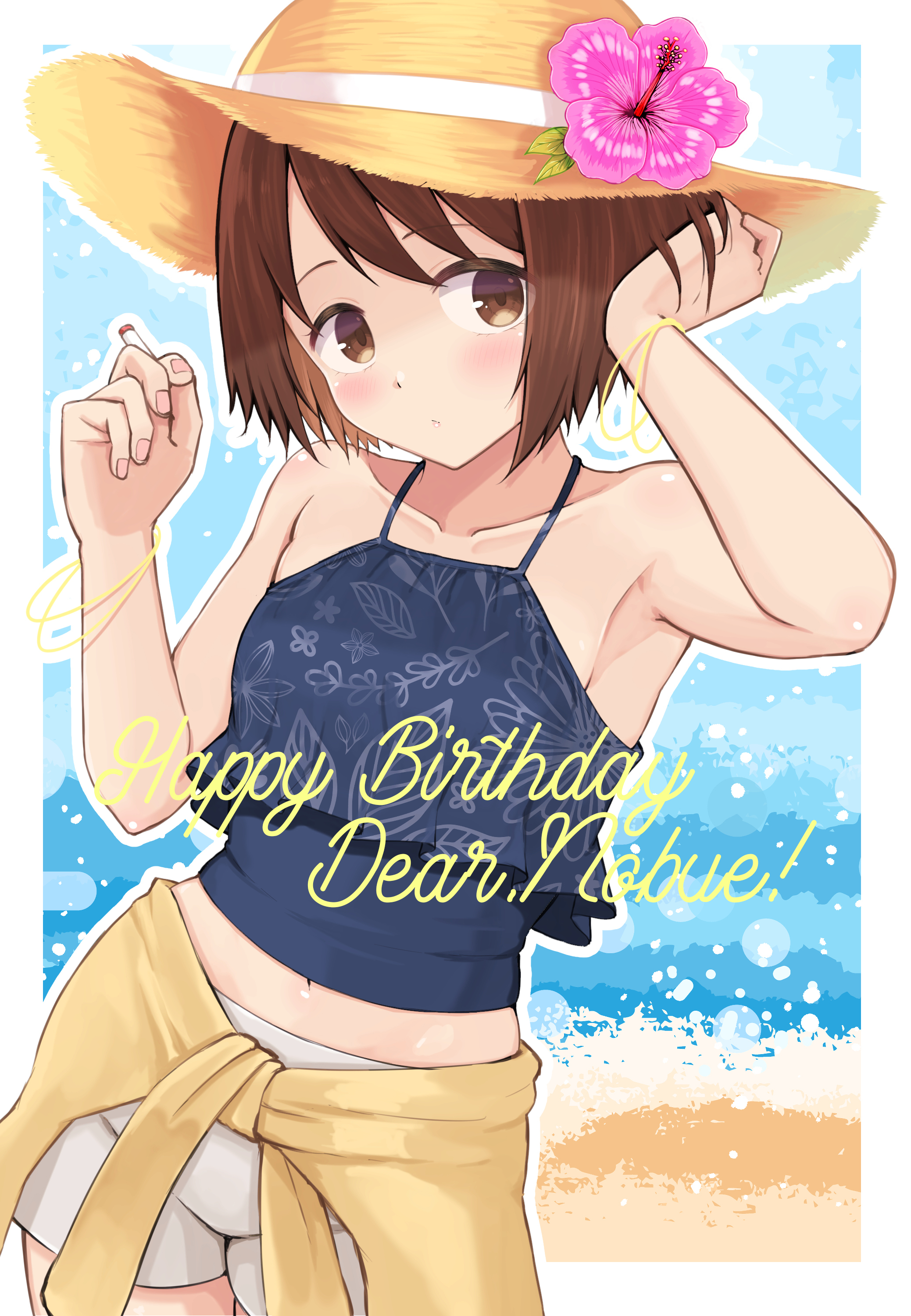 temari rin, itou nobue, ichigo mashimaro, absurdres, commentary request, highres, 1girl, bare arms, bare shoulders, between fingers, black camisole, brown eyes, brown hair, brown hat, brown jacket, camisole, closed mouth, clothes around waist, collarbone, flower, happy birthday, hat, hat flower, hibiscus, holding, jacket, jacket around waist, looking at viewer, nail polish, navel, pink flower, pink nails, shorts, solo, white shorts