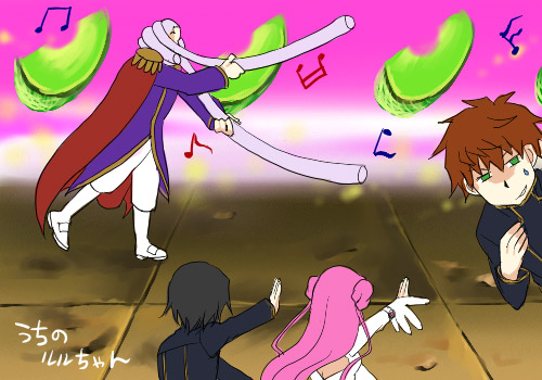 charles zi britannia, euphemia li britannia, kururugi suzaku, lelouch vi britannia, sakurai takahiro, wakamoto norio, code geass, konjiki no gash!!, lowres, translated, 1girl, 3boys, food, fruit, melon, multiple boys, parody, very melon, voice actor connection