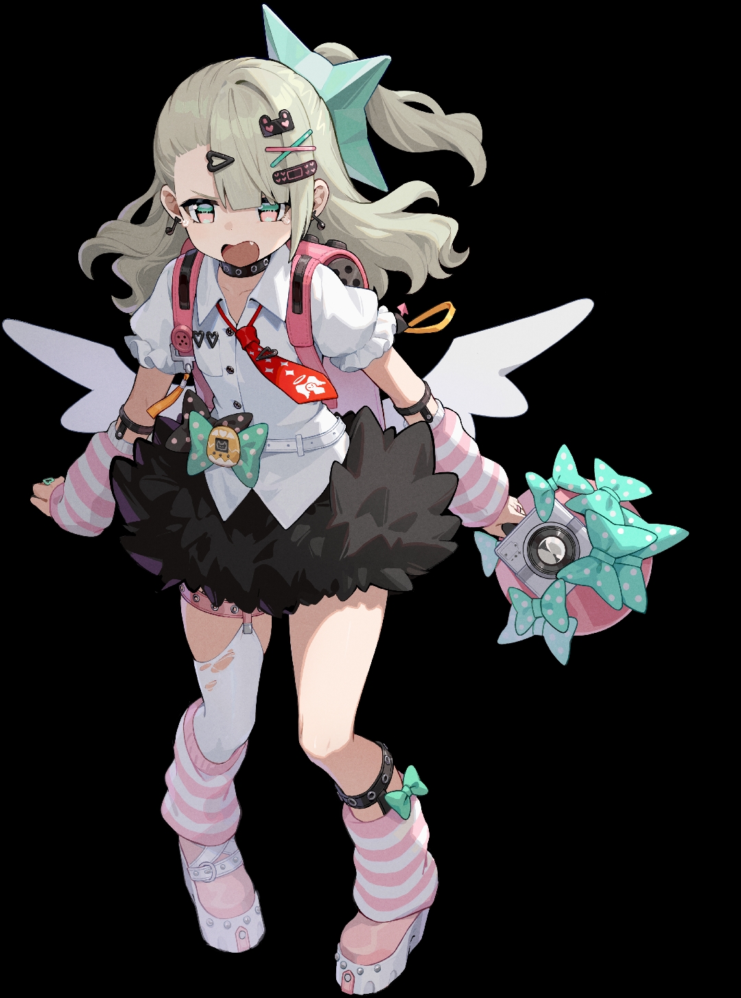 tupikeee, chinatsu remiel, zenless zone zero, highres, 1girl, asymmetrical bangs, asymmetrical legwear, backpack, bag, black background, black skirt, bow, choker, earrings, fang, full body, green eyes, hair bow, hair ornament, hairclip, holding, jewelry, long hair, looking at viewer, necktie, one side up, open mouth, pink eyes, puffy sleeves, safety pin, shirt, short sleeves, simple background, single thighhigh, skirt, smile, socks, solo, thighhighs, white shirt, wings