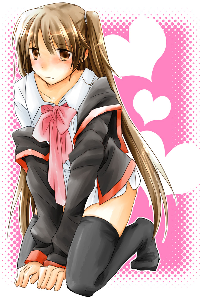 miyako ya, naoe riki, little busters!, bad id, bad pixiv id, 1boy, blush, bow, brown eyes, brown hair, crossdressing, crossdressing (mtf), frown, heart, long hair, male focus, pink ribbon, ribbon, school uniform, shirt, solo, tears, thighhighs, trap, twintails