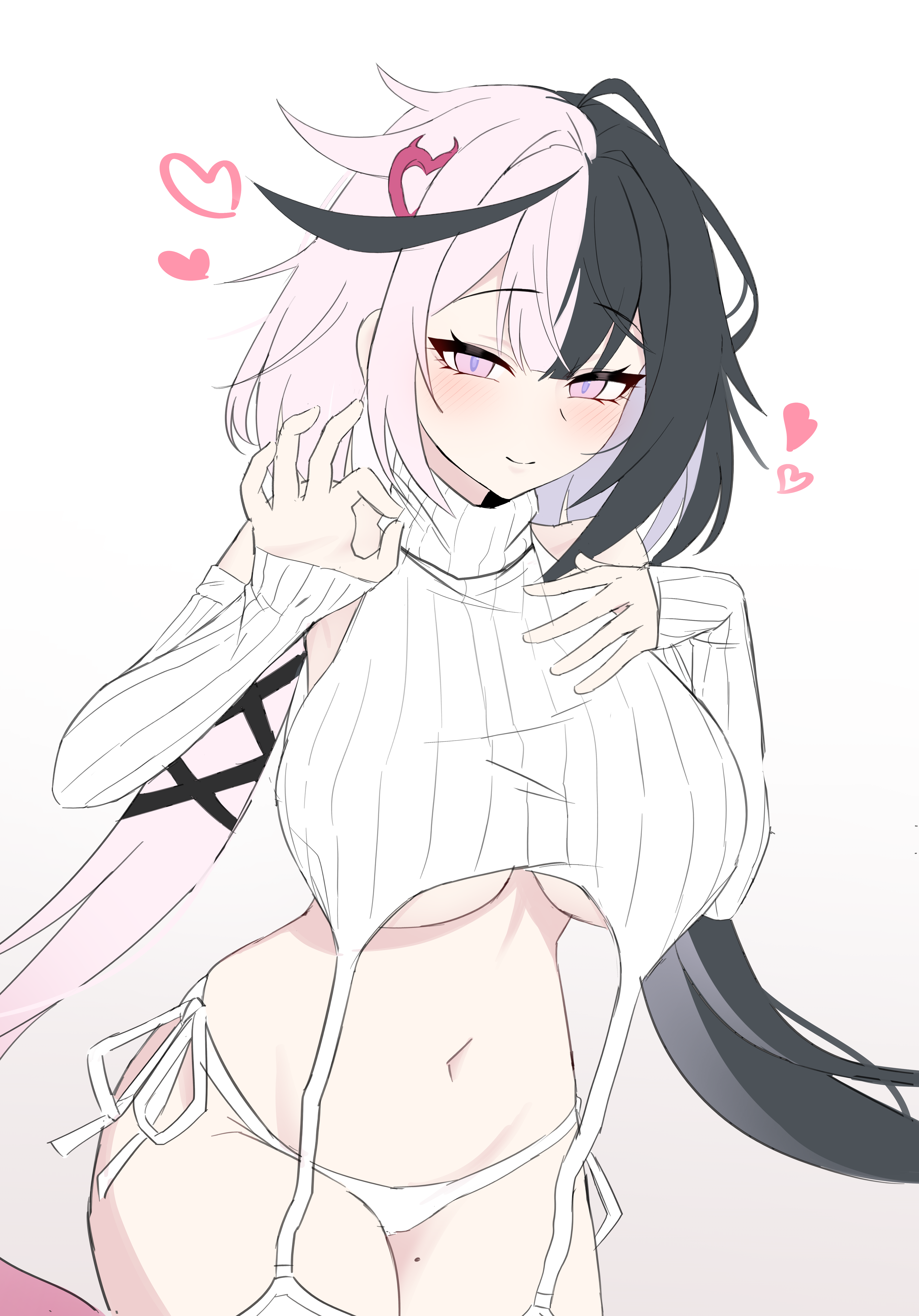 kisa (leg3043), black survival, eternal return: black survival, absurdres, highres, 1girl, bare shoulders, black hair, breasts, closed mouth, coraline (black survival), cowboy shot, detached sleeves, garter straps, heart, large breasts, long hair, long sleeves, looking at viewer, low twintails, mole, mole on thigh, multicolored hair, navel, no pants, panties, pink eyes, ribbed shirt, shirt, side-tie panties, sleeveless, sleeveless shirt, sleeveless turtleneck, smile, solo, split-color hair, stomach, turtleneck, twintails, two-tone hair, underboob, underwear, very long hair, virgin destroyer sweater, white hair, white panties