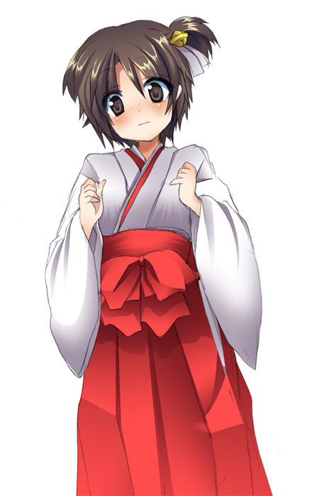 masayu, naoe riki, little busters!, bad id, bad pixiv id, 1boy, bell, blush, bob cut, brown eyes, brown hair, cosplay, crossdressing, crossdressing (mtf), dress, japanese clothes, male focus, miko, short hair, solo, trap, white background