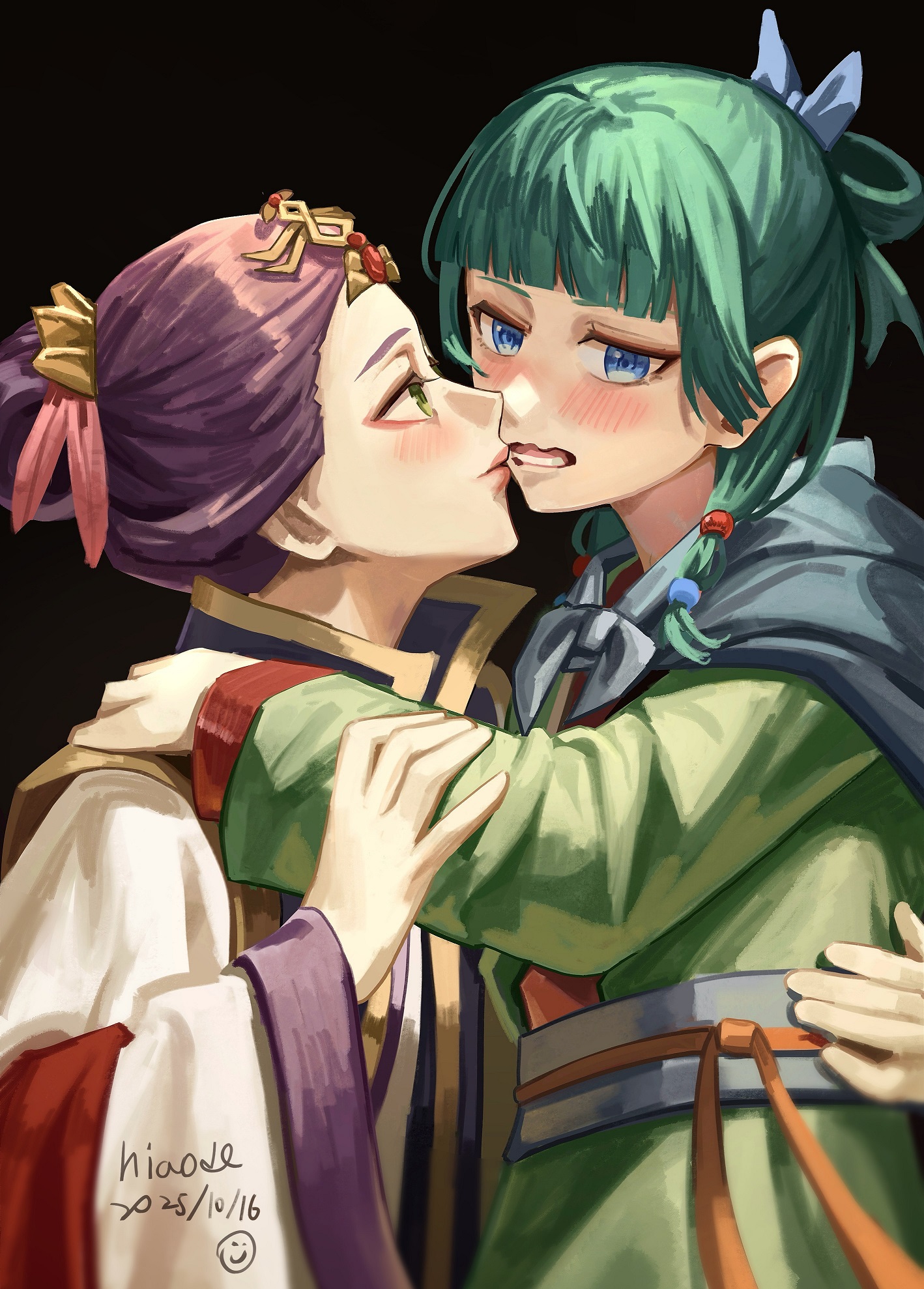 niao de, maomao (kusuriya no hitorigoto), shisui (kusuriya no hitorigoto), kusuriya no hitorigoto, commentary, highres, 2girls, black background, blue eyes, blush, dated, green eyes, green hair, green robe, hand on another's waist, long hair, looking at another, multiple girls, open mouth, purple hair, robe, simple background, white robe, yuri