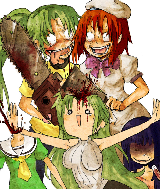 furude rika, houjou satoko, ryuuguu rena, sonozaki mion, sonozaki shion, higurashi no naku koro ni, 00s, 5girls, billhook, blood, bow, broken heart, chainsaw, crazy, death, decapitation, guro, hashitsuki nata, hatchet, heart, injection, multiple girls, nata (tool), o o, pink bow, saliva, siblings, sisters, sleeveless, sleeveless turtleneck, sweat, syringe, tongue, turtleneck, twins, weapon, what, yandere, you gonna get raped