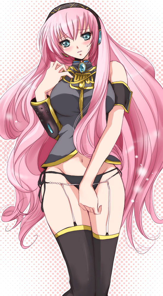 akina tsukako, megurine luka, vocaloid, 1girl, blue eyes, blush, female focus, garter belt, hairband, long hair, panties, pink hair, side-tie panties, solo, thighhighs, underwear, very long hair