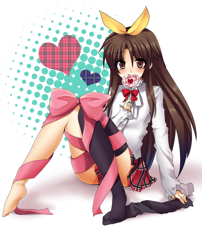 masayu, naoe riki, little busters!, bad id, bad pixiv id, 1boy, asymmetrical clothes, barefoot, blush, bow, brown eyes, brown hair, candy, crossdressing, crossdressing (mtf), dress, food, hair bow, heart, lollipop, long hair, male focus, pink bow, pink ribbon, plaid clothes, plaid skirt, ribbon, skirt, solo, thighhighs, trap, unworn thighhighs, yellow ribbon