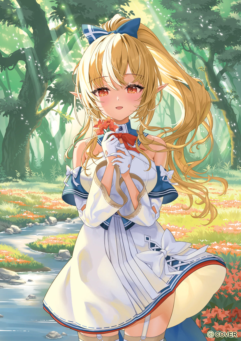 genjitsu pirika, shiranui flare, shiranui flare (1st costume), hololive, commentary request, official art, 1girl, :d, blonde hair, bow, bow skirt, bowtie, breasts, copyright name, cowboy shot, criss-cross halter, day, detached collar, detached sleeves, elf, flower, garter straps, gloves, hair bow, half gloves, halter shirt, halterneck, hands up, high ponytail, holding, holding flower, large breasts, long hair, multicolored hair, open mouth, outdoors, pointy ears, ponytail, red bow, red bowtie, shirt, sidelocks, skirt, skirt set, smile, solo, straight-on, streaked hair, thighhighs, virtual youtuber, white garter straps, white gloves, white shirt, white skirt, white sleeves, white thighhighs, wide sleeves