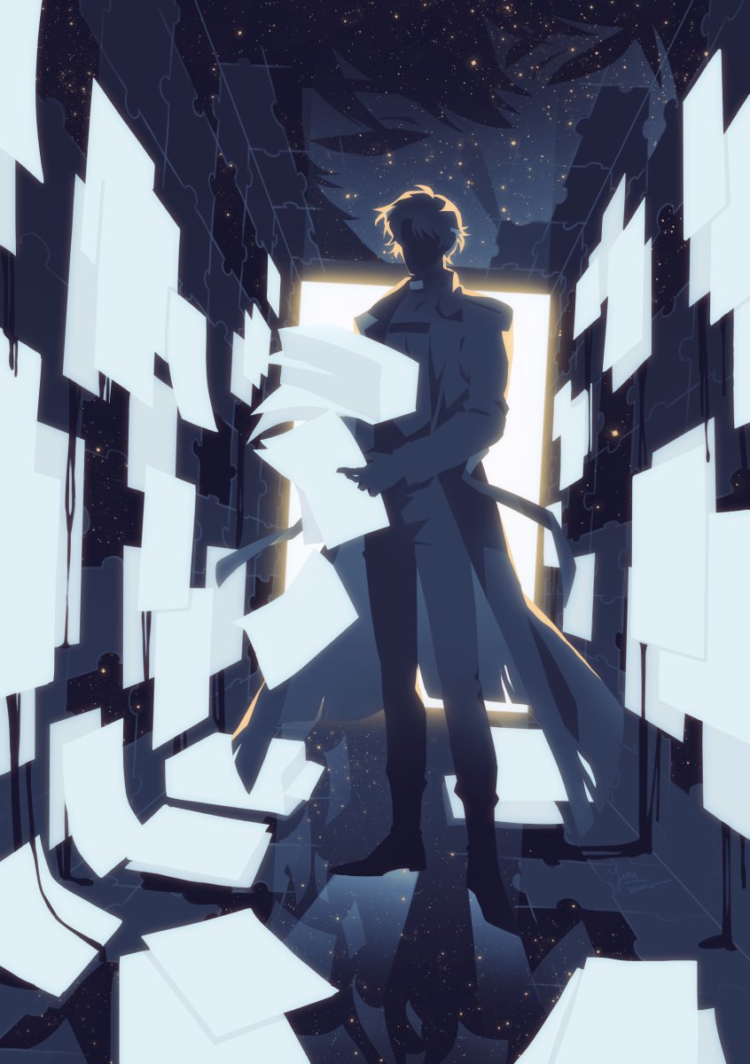 ginsan, kim dokja, yoo joonghyuk, omniscient reader's viewpoint, highres, 1boy, backlighting, black coat, black hair, coat, faceless, facing viewer, full body, glowing, hallway, holding, holding paper, jigsaw puzzle, limited palette, male focus, open clothes, open coat, paper, paper stack, puzzle, short hair, sky, solo, standing, star (sky), starry sky, superimposition, too many papers