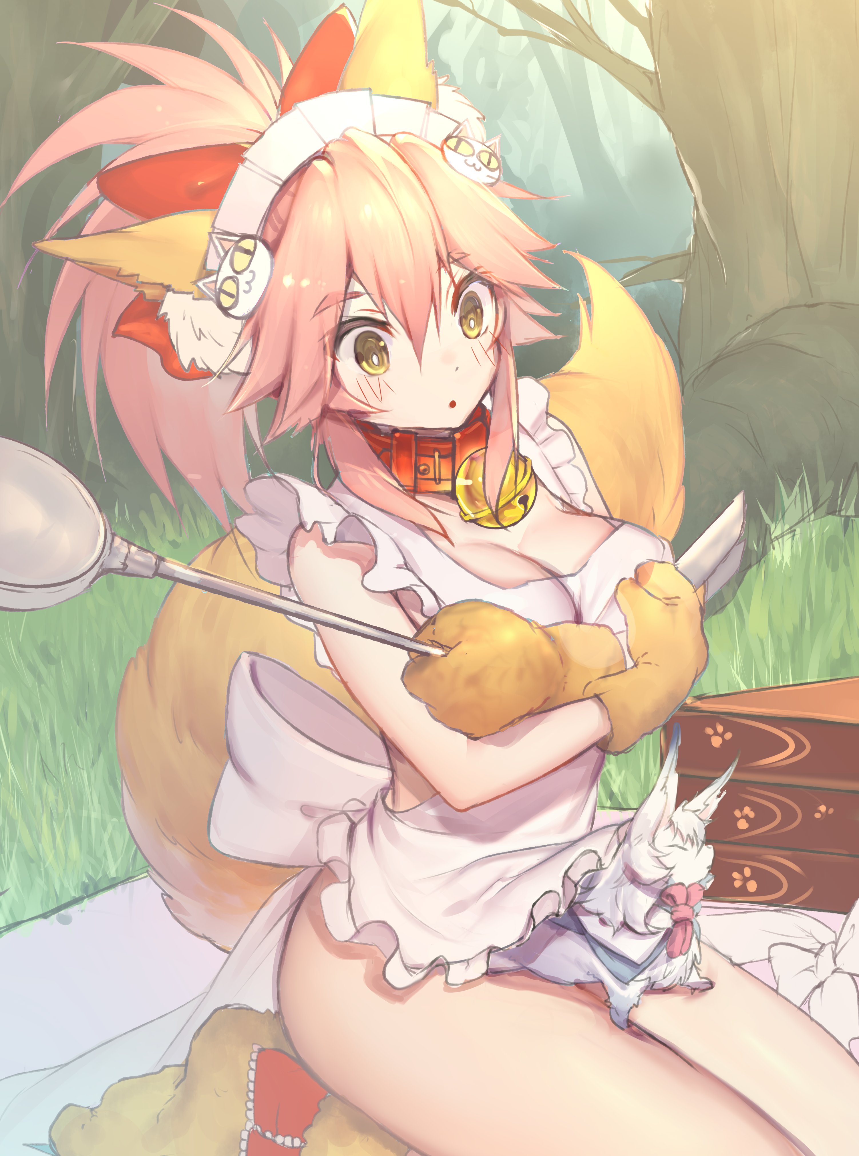 mogullaz, fou (fate), tamamo cat (fate), tamamo cat (third ascension) (fate), fate/grand order, fate (series), tamamo (fate), absurdres, highres, 1girl, :o, animal, animal ears, apron, bell, blush, bow, breasts, forest, gloves, grass, ladle, large breasts, looking down, naked apron, nature, neck bell, on lap, picnic, pink hair, red bow, sitting, skindentation, solo, tail, thighs, yellow eyes