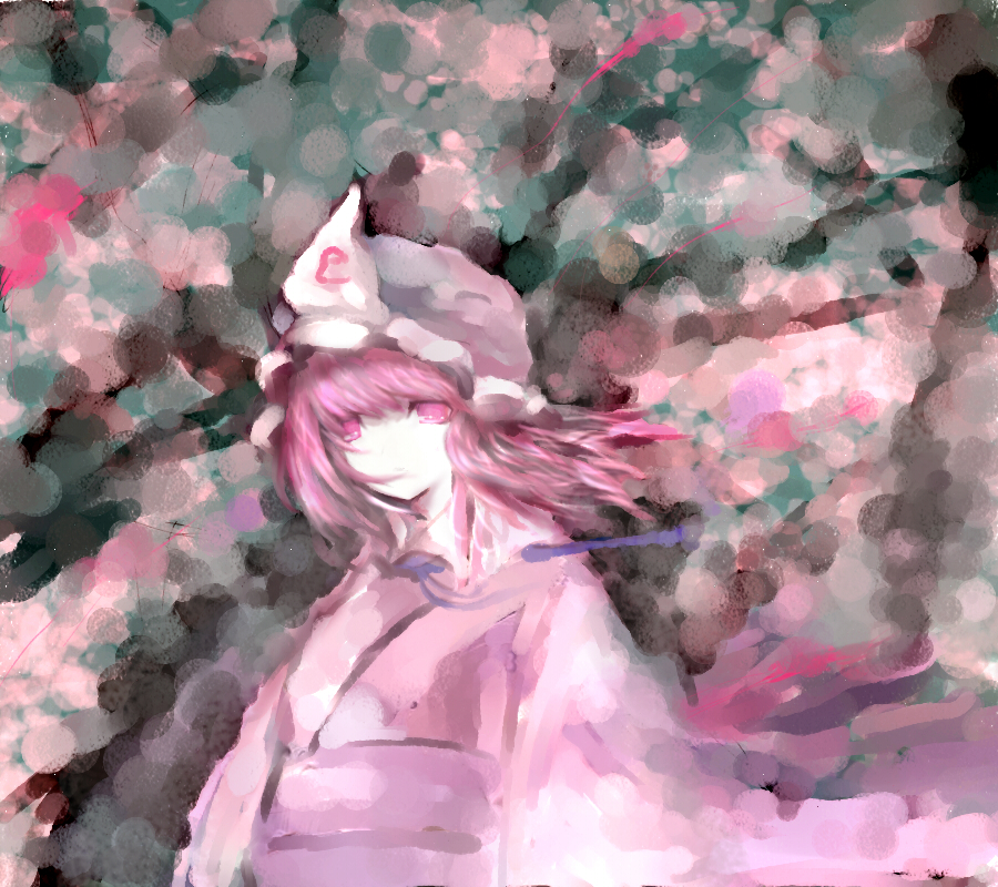 akn, saigyouji yuyuko, touhou, bad id, bad pixiv id, 1girl, female focus, hat, japanese clothes, pink eyes, pink hair, short hair, solo