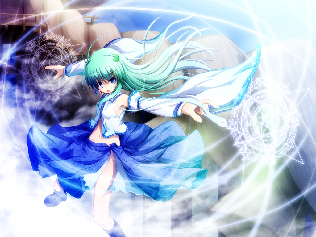 akashio (loli ace), kochiya sanae, touhou, bad id, bad pixiv id, 1girl, blue eyes, detached sleeves, female focus, green hair, long hair, magic circle, midriff, navel, no bra, no panties, pentagram, skirt, snake, solo, wind