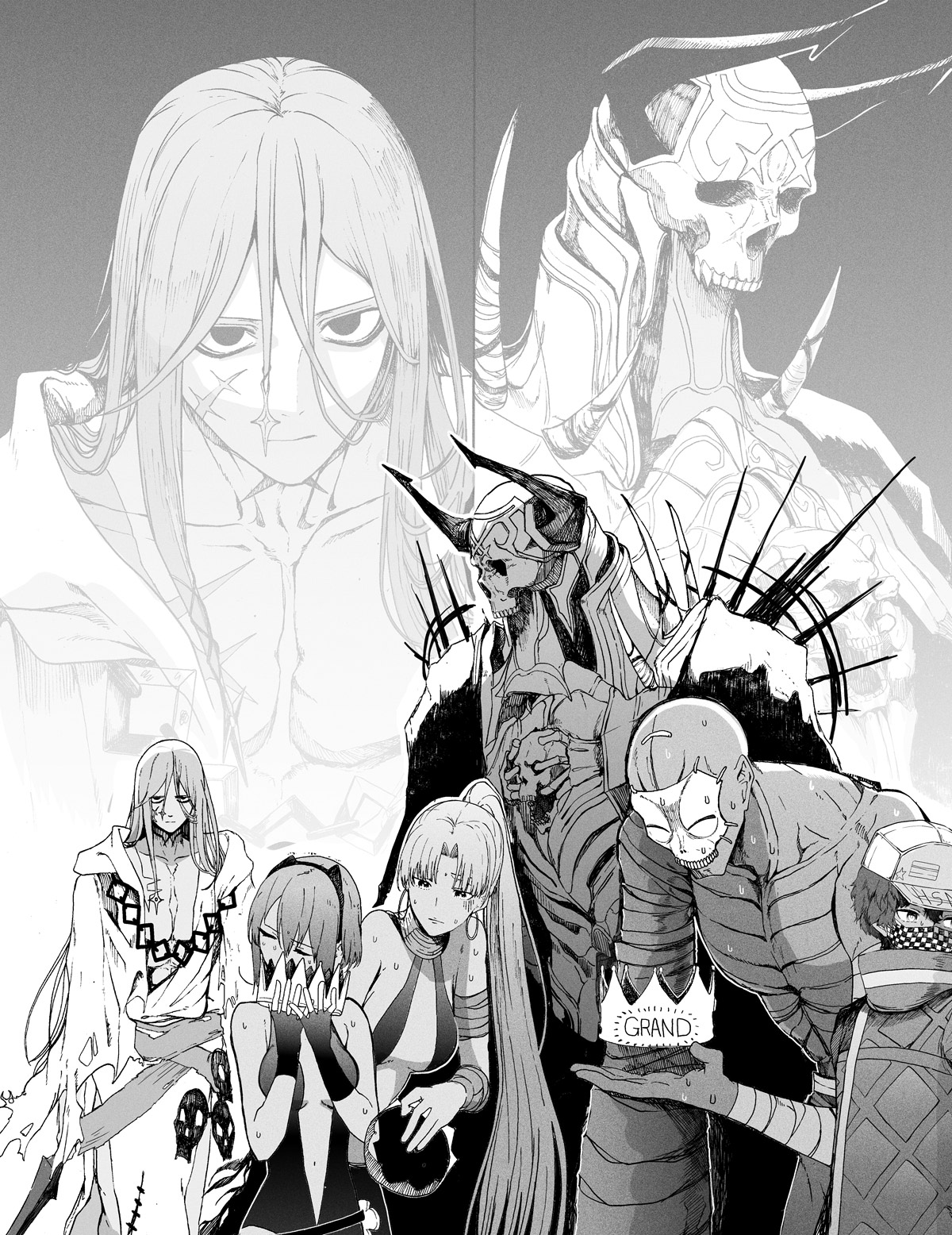 syatey, assassin (fate/zero), female assassin (fate/zero), hassan of serenity (fate), hassan of the cursed arm (fate), hassan of the shining star (fate), king hassan (fate), fate/grand order, fate (series), highres, armor, azrael (grand assassin) (fate), bags under eyes, bare shoulders, black hairband, black leotard, center opening, checkered mask, cloak, cross-laced jacket, crown, dark-skinned female, dark-skinned male, dark skin, earrings, greyscale, hairband, hoop earrings, jewelry, leotard, long hair, mask, monochrome, ponytail, robe, scar, scar on face, skull, skull mask, spikes, sweat, torn clothes, torn robe