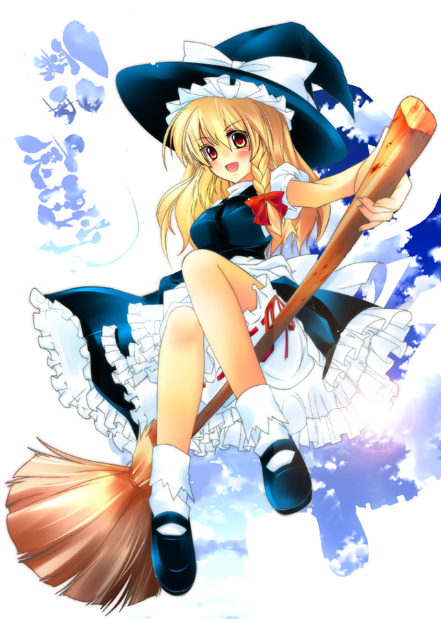 shirokitsune, kirisame marisa, touhou, bad id, bad pixiv id, 1girl, blonde hair, bloomers, breasts, broom, broom riding, dress, female focus, full body, hat, mary janes, shoes, sidesaddle, sky, solo, underwear, white background, witch, witch hat, yellow eyes