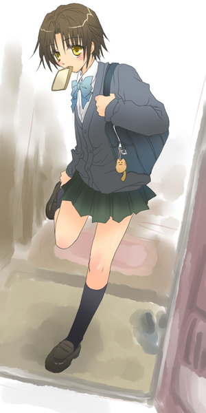 ali (artist), ali (maidoari), naoe riki, little busters!, 1boy, bag, blush, bob cut, bread, bread slice, brown hair, crossdressing, crossdressing (mtf), food, loafers, male focus, mouth hold, pleated skirt, ribbon, school uniform, shoes, short hair, skirt, socks, solo, toast, trap, yellow eyes
