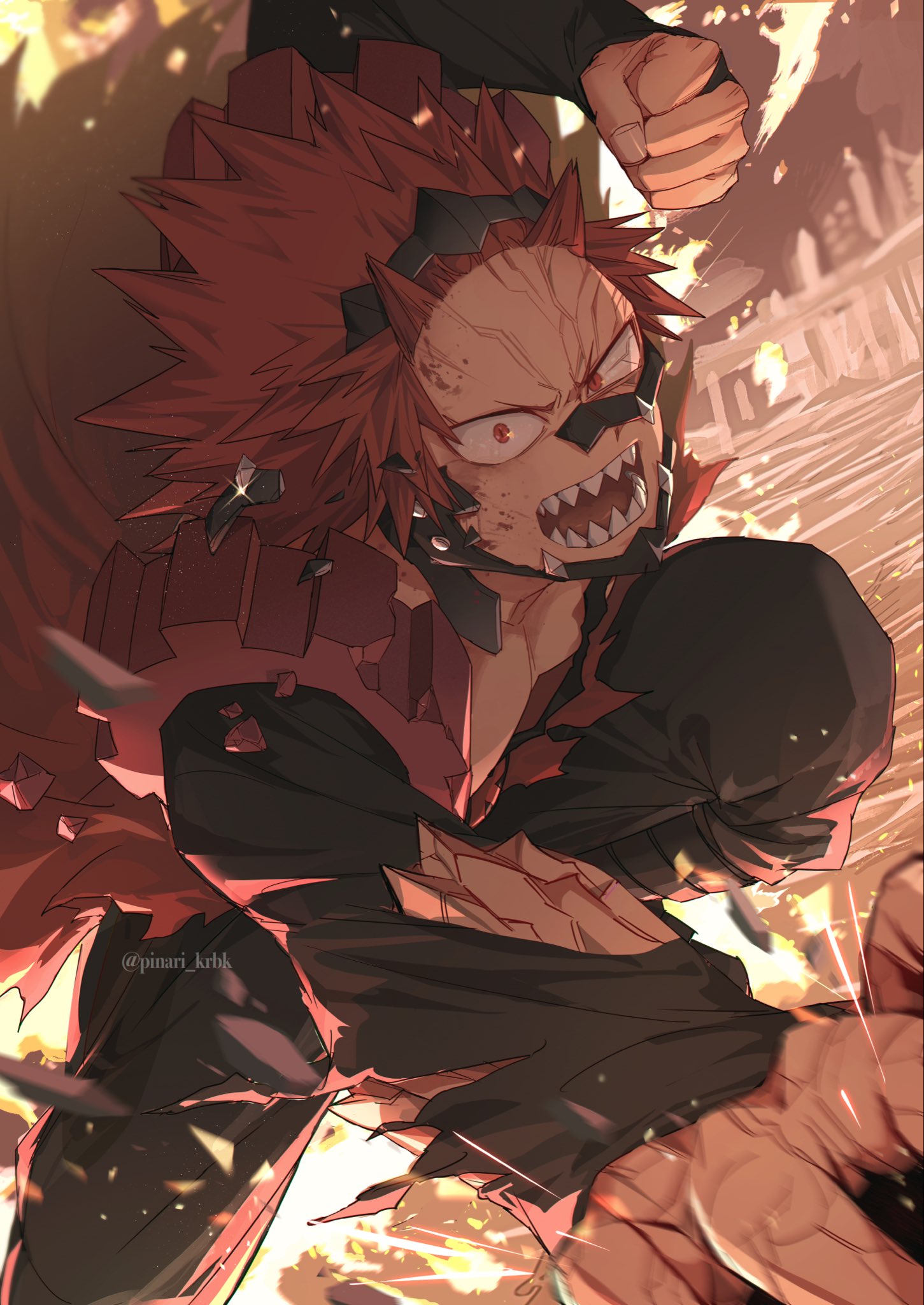tsukota, kirishima eijiro, boku no hero academia, commentary request, highres, 1boy, angry, cape, looking at viewer, male focus, open mouth, punching, red cape, red eyes, red hair, sharp teeth, short hair, solo, spiked hair, superhero costume, teeth, tongue, twitter username
