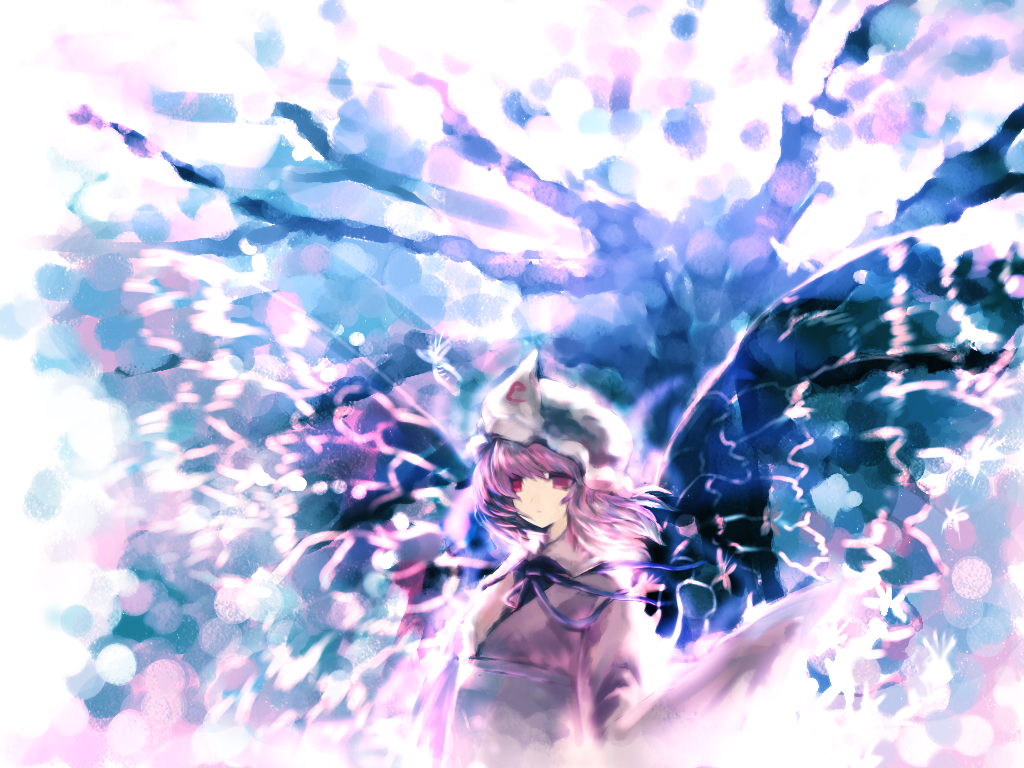 akn, saigyouji yuyuko, touhou, bad id, bad pixiv id, 1girl, butterfly wings, female focus, hat, insect wings, pink hair, red eyes, ribbon, short hair, solo, wings