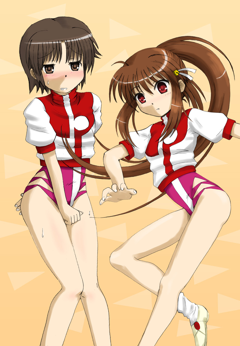 hiraizumi (mugenkidousha), naoe riki, natsume rin, takaya noriko, little busters!, top wo nerae!, top wo nerae! (series), highres, 2girls, blush, bob cut, cosplay, crossdressing, crossdressing (ftm), gym uniform, leotard, multiple girls, pun, takaya noriko (cosplay), trap