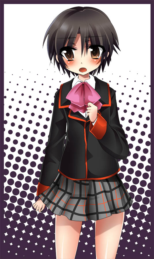 masayu, naoe riki, little busters!, bad id, bad pixiv id, 1boy, blush, bob cut, bow, brown eyes, crossdressing, crossdressing (mtf), male focus, open mouth, school uniform, solo, trap