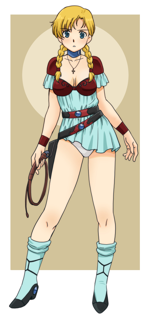 uona telepin, doris lang, vampire hunter d, 1girl, belt, black shoes, blonde hair, blue dress, blue eyes, blue socks, braid, breasts, cleavage, cross, cross necklace, dress, full body, jewelry, kneehighs, long hair, necklace, panties, shoes, short dress, socks, solo, standing, thighs, twin braids, underwear, whip, white panties