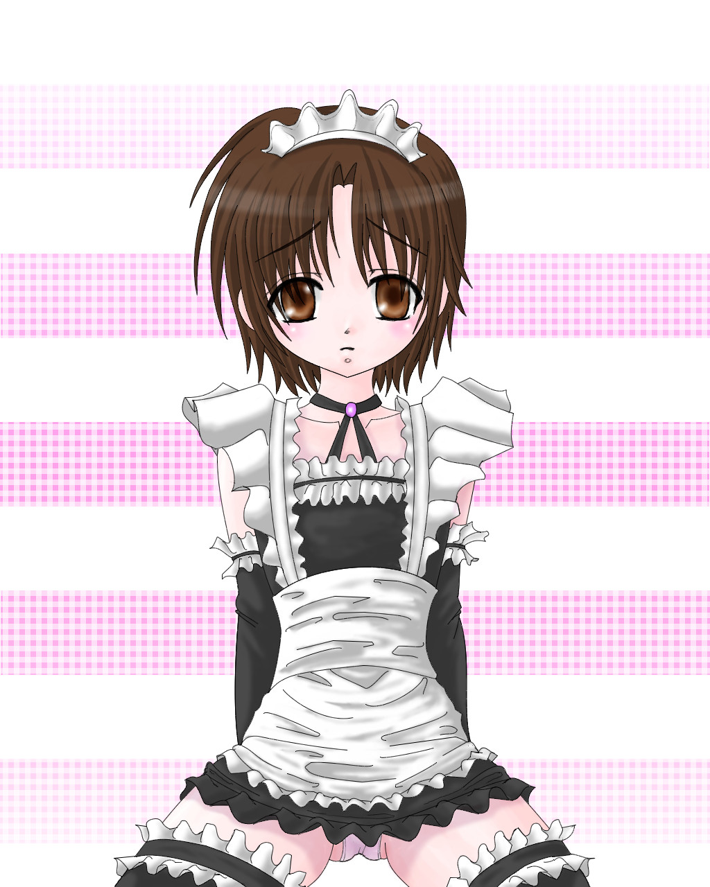 daruma (artist), daruma (daruma47), naoe riki, little busters!, bad id, bad pixiv id, highres, 1boy, bob cut, brown eyes, brown hair, collar, crossdressing, crossdressing (mtf), elbow gloves, frown, gloves, maid, maid headdress, male focus, male maid, panties, short hair, solo, thighhighs, trap, underwear
