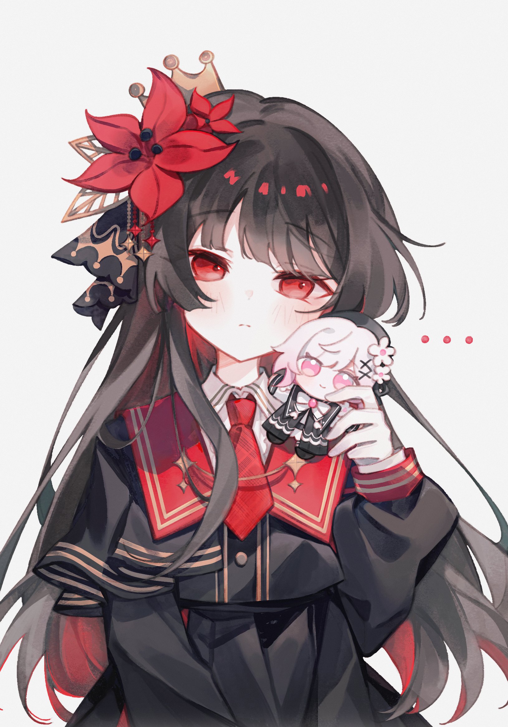 nikaido hiro, sakuraba ema, mahou shoujo no majo saiban, highres, …, 1girl, akerei, black hair, black shirt, black skirt, blush, character doll, closed mouth, crown, doll, flower, gloves, grey background, hair flower, hair ornament, hand up, holding, holding doll, long hair, long sleeves, looking at viewer, necktie, red eyes, red flower, red necktie, red sailor collar, sailor collar, shirt, simple background, skirt, solo, white gloves