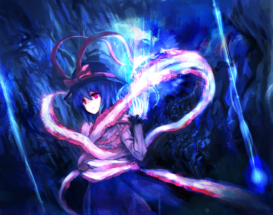 akn, nagae iku, touhou, bad id, bad pixiv id, 1girl, blue hair, female focus, hat, red eyes, ribbon, short hair, solo, standing
