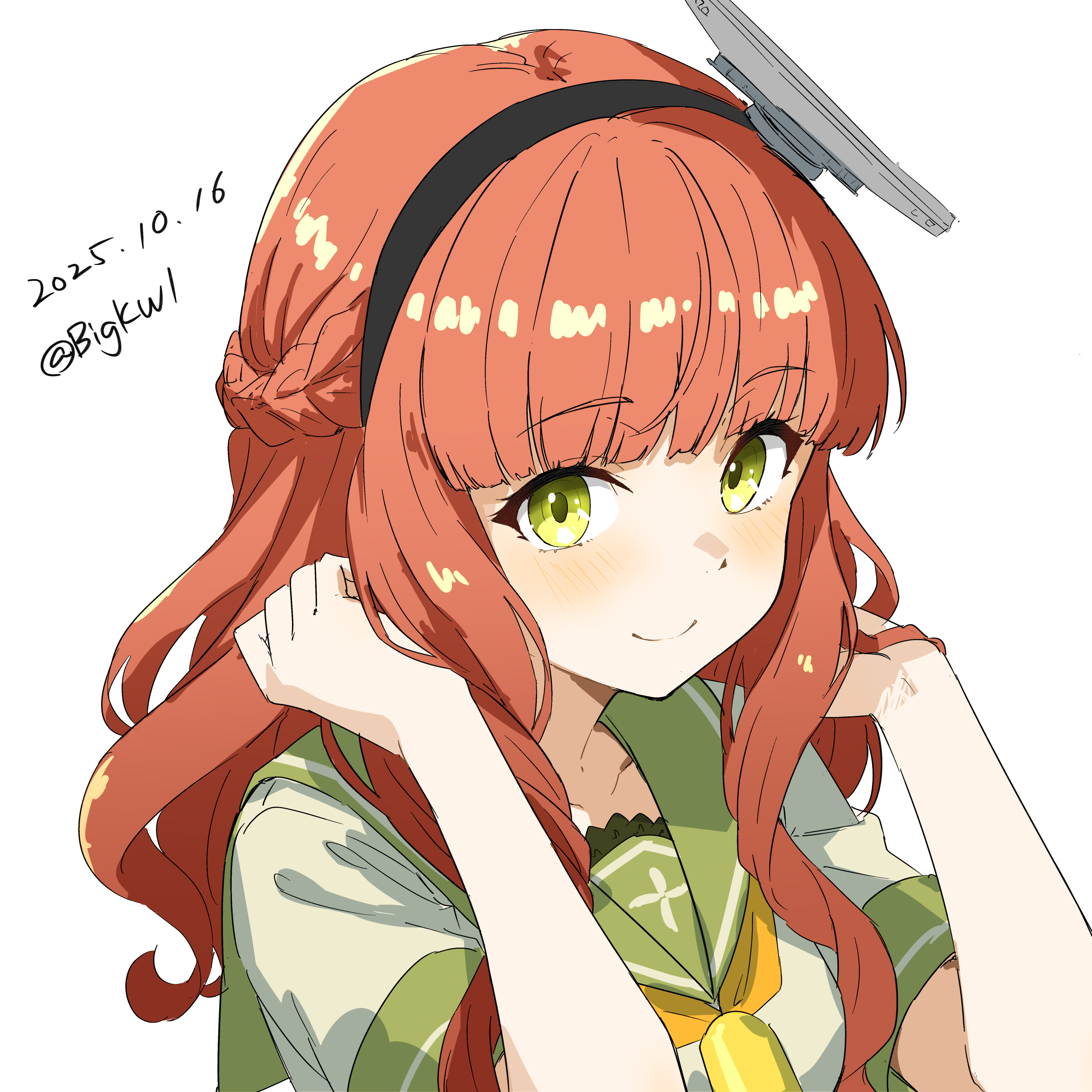 bigkwl, de ruyter (kancolle), kantai collection, absurdres, highres, 1girl, aircraft catapult, blunt bangs, blush, braid, braided bangs, braided bun, curly hair, dated, green eyes, green sailor collar, hair bun, headgear, long hair, looking at viewer, neckerchief, one-hour drawing challenge, orange neckerchief, red hair, sailor collar, short sleeves, side braid, simple background, smile, solo, twitter username, white background