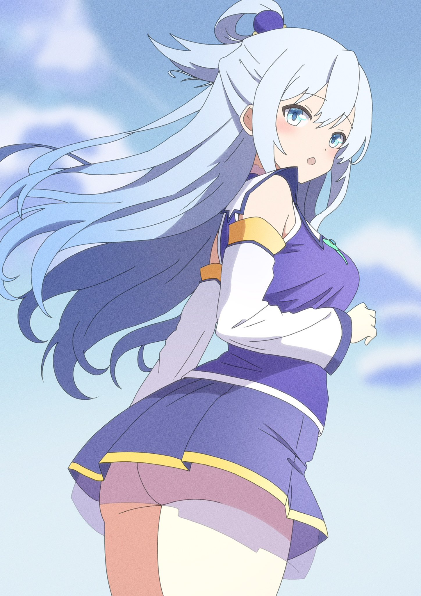 takabayashi4129, aqua (konosuba), kono subarashii sekai ni shukufuku wo!, commentary request, highres, 1girl, anime coloring, ass, blue eyes, blue hair, blue shirt, blue skirt, cowboy shot, day, detached sleeves, from behind, hair ornament, hair rings, long hair, looking at viewer, looking back, microskirt, no panties, open mouth, pleated skirt, shirt, single hair ring, skirt, sky, sleeveless, sleeveless shirt, solo, sphere hair ornament, white sleeves