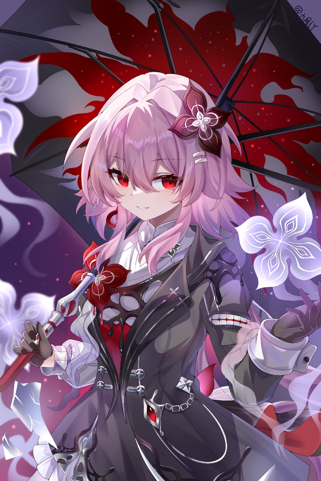 evernight (honkai: star rail), march 7th (honkai: star rail), honkai: star rail, honkai (series), highres, 1girl, black coat, black gloves, closed mouth, coat, dress, flower, gloves, hair between eyes, hair flower, hair ornament, holding, holding umbrella, long hair, long sleeves, looking at viewer, ly liuyue y, pink hair, red eyes, smile, solo, umbrella