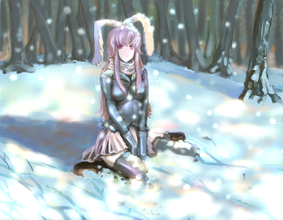 akn, reisen udongein inaba, touhou, 1girl, animal ears, breasts, female focus, kneeling, outdoors, plant, purple eyes, purple hair, rabbit ears, scarf, snow, solo, thighhighs, tree