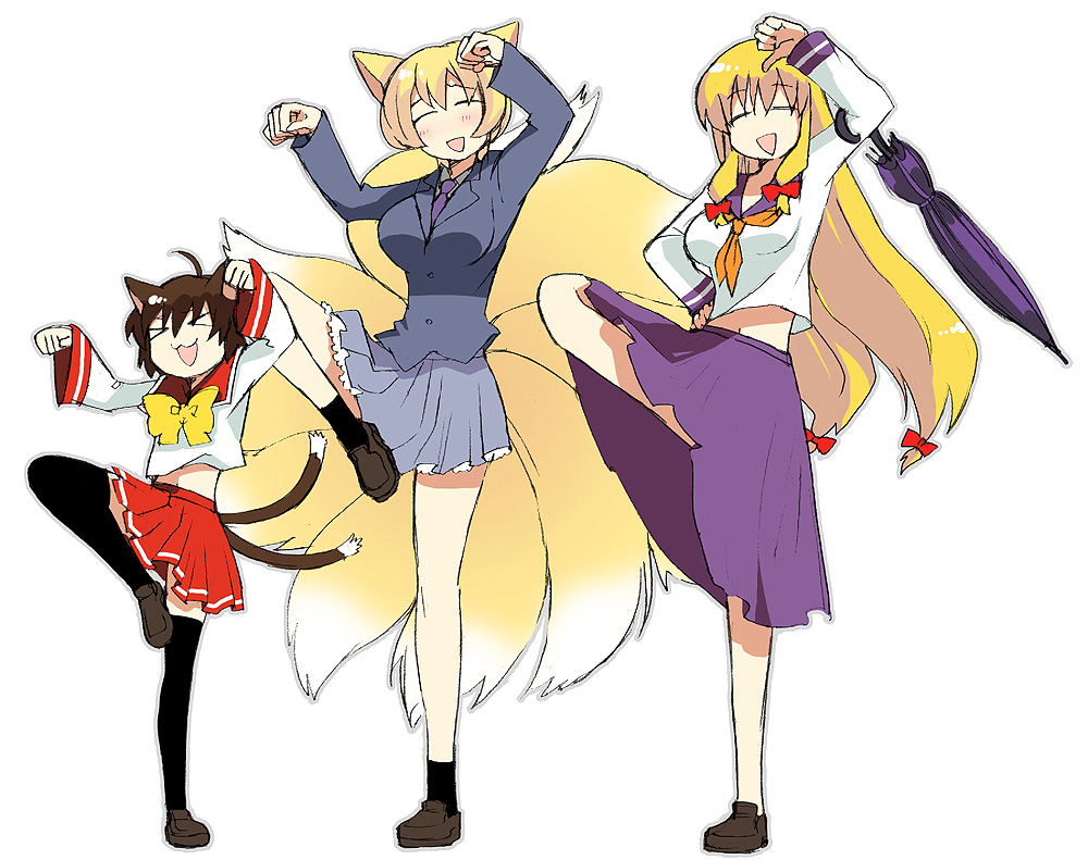 nakayama miyuki, chen, yakumo ran, yakumo yukari, touhou, bad id, bad pixiv id, > <, > <, 3girls, :3, :d, ahoge, alternate costume, animal ears, black thighhighs, blonde hair, brown hair, cat ears, cat girl, cat tail, closed eyes, closed umbrella, contemporary, female focus, fox ears, fox tail, multiple girls, multiple tails, no headwear, open mouth, school uniform, shoes, simple background, smile, socks, standing, standing on one leg, tail, thighhighs, umbrella, white background, x3, zettai ryouiki