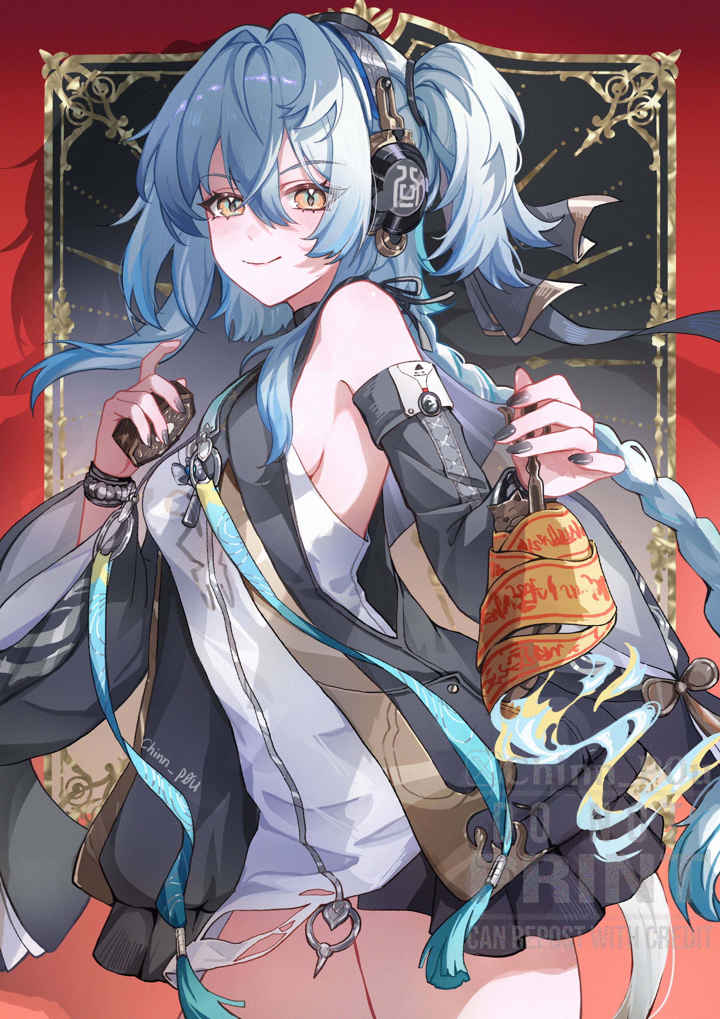 chinnpou, buling (wuthering waves), wuthering waves, absurdres, commentary, hashtag-only commentary, highres, 1girl, artist name, bare shoulders, black jacket, black nails, blue hair, bracelet, braid, breasts, closed mouth, cowboy shot, detached sleeves, dress, fingernails, hair between eyes, hair intakes, headphones, holding, jacket, jewelry, long hair, looking at viewer, medium breasts, nail polish, short dress, smile, solo, thighs, very long hair, white dress, wide sleeves, yellow eyes