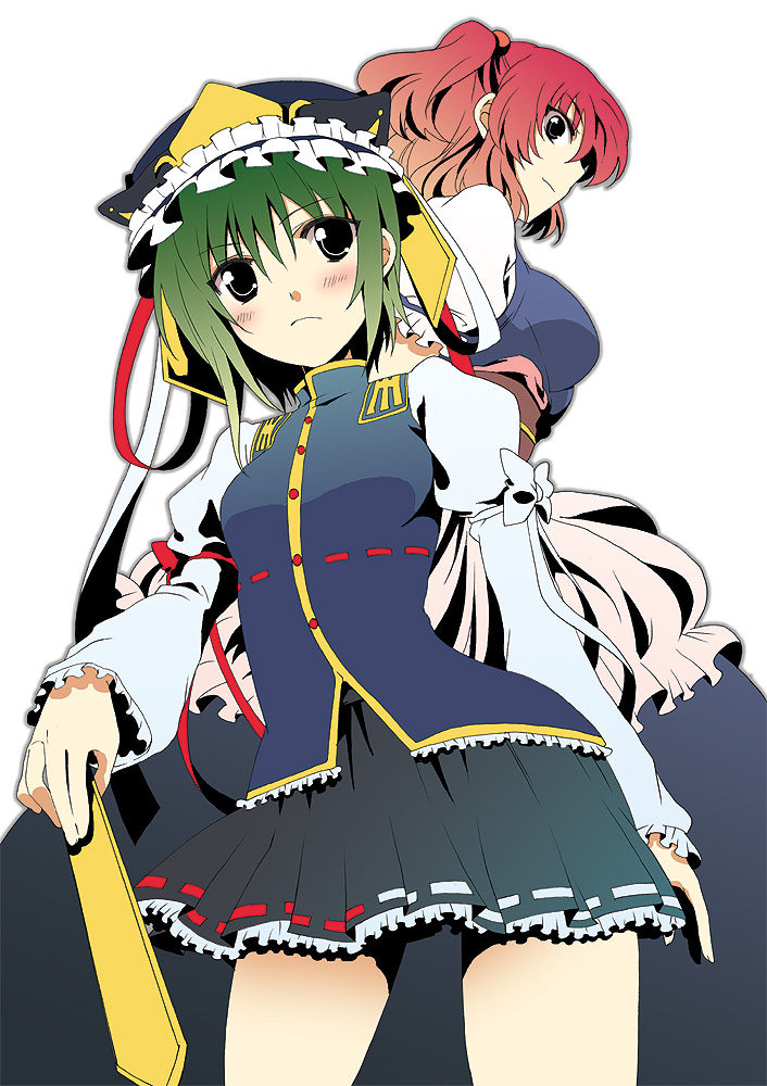 nakayama miyuki, onozuka komachi, shiki eiki, touhou, bad id, bad pixiv id, 2girls, blush, breasts, female focus, green hair, hat, multiple girls, red hair, rod of remorse, standing, white background