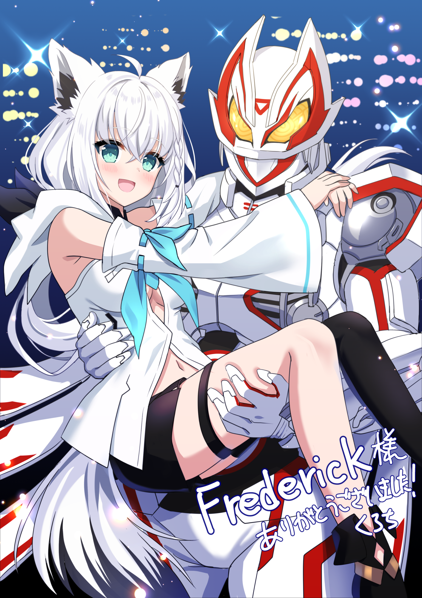 kurokuro100, kamen rider geats, kamen rider geats ix, shirakami fubuki, shirakami fubuki (1st costume), hololive, kamen rider, kamen rider geats (series), tokusatsu, commission, highres, skeb commission, 1boy, 1girl, ahoge, animal ear fluff, animal ears, aqua eyes, armor, blue neckerchief, blush, bodysuit, boost mark ix buckle, braid, breasts, cape, crossover, desire driver, detached sleeves, fox ears, fox girl, fox mask, fox tail, front slit, green eyes, hair between eyes, helmet, holding, hood, hooded vest, hoodie, long hair, looking at viewer, mask, neckerchief, open mouth, pentagram, rider belt, shorts, side braid, sidelocks, single braid, single thighhigh, smile, tail, thighhighs, vest, virtual youtuber, white hair, white hoodie, yellow eyes