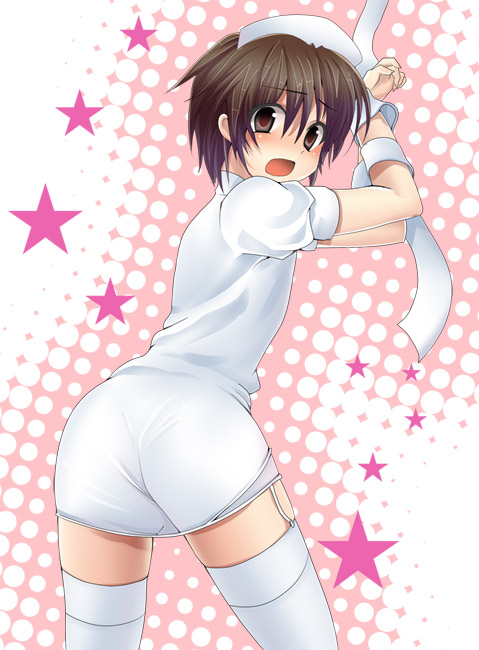 masayu, naoe riki, little busters!, bad id, bad pixiv id, 1boy, bdsm, bob cut, bondage, bound, bound arms, crossdressing, crossdressing (mtf), garter belt, hat, male focus, nurse, nurse cap, solo, thighhighs, trap, white thighhighs, zettai ryouiki